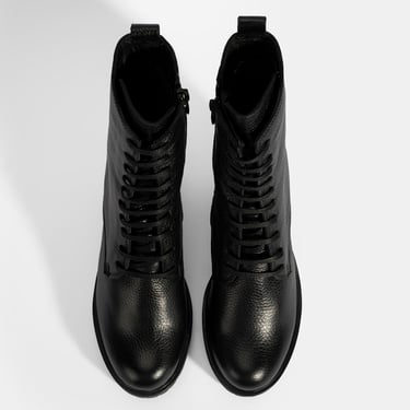  Kadın Siyah Bağcıklı Kalın Topuklu Deri Bot