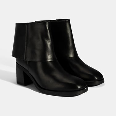  Kadın Siyah Katlama Detaylı Topuklu Deri Bot