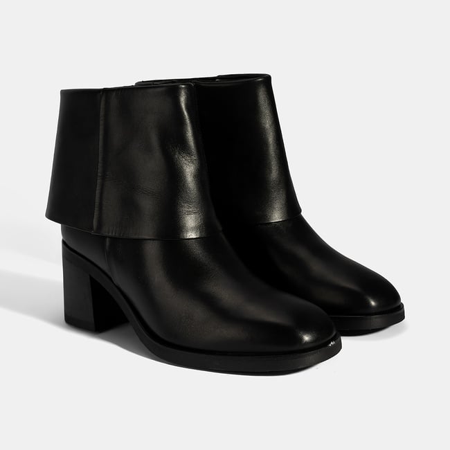  Kadın Siyah Katlama Detaylı Topuklu Deri Bot