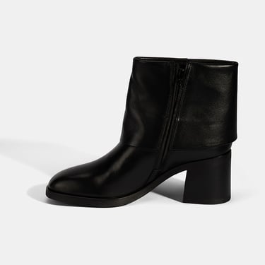  Kadın Siyah Katlama Detaylı Topuklu Deri Bot