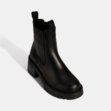  Kadın Siyah Lastikli Topuklu Deri Chelsea Bot