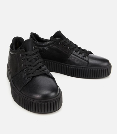  Erkek Deri Siyah Yüksek Tabanlı Spor Ayakkabı