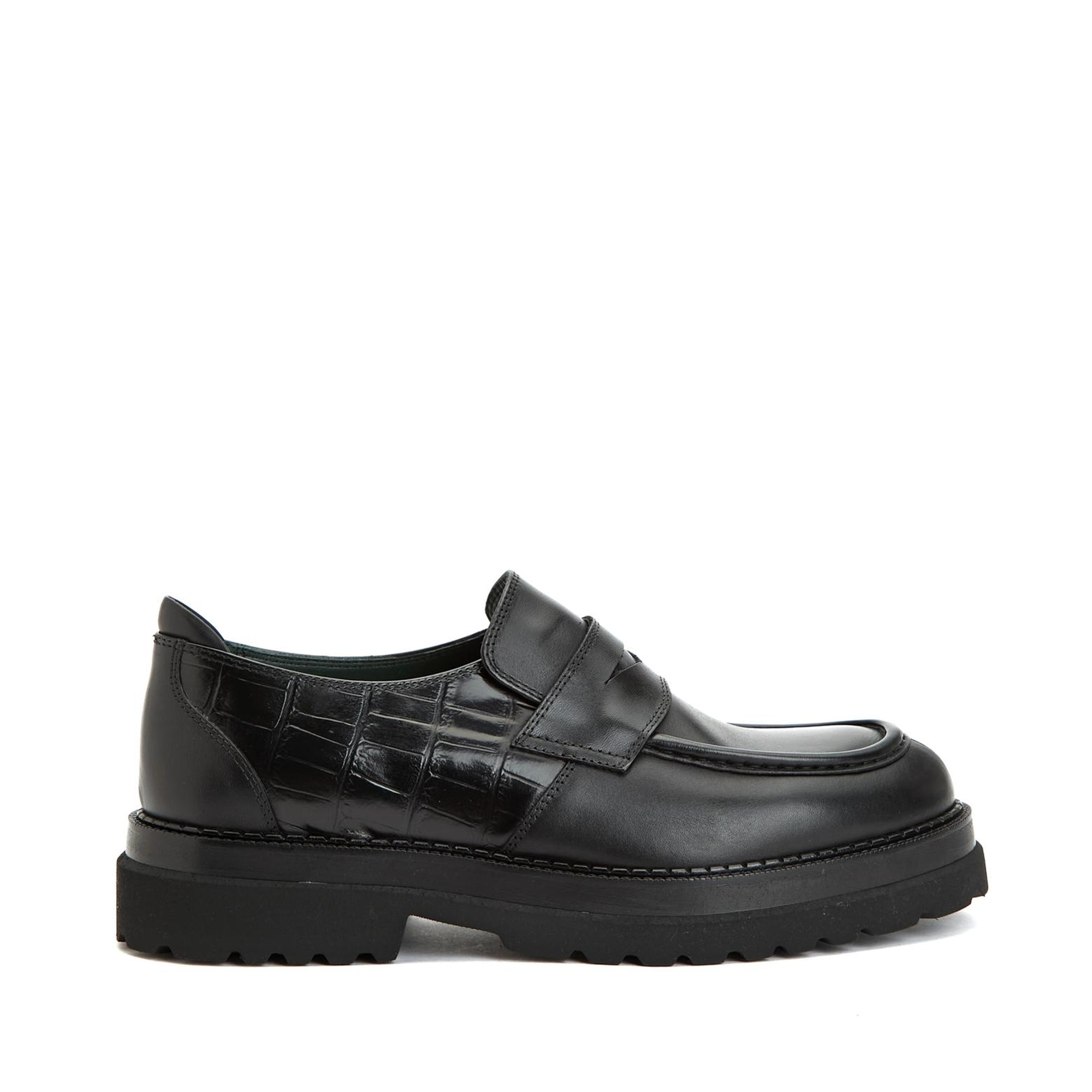 George Hogg Erkek Siyah Kroko Detaylı Deri Loafer