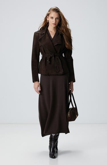  Network Kadın Acı Kahve Midi Yün Triko Etek