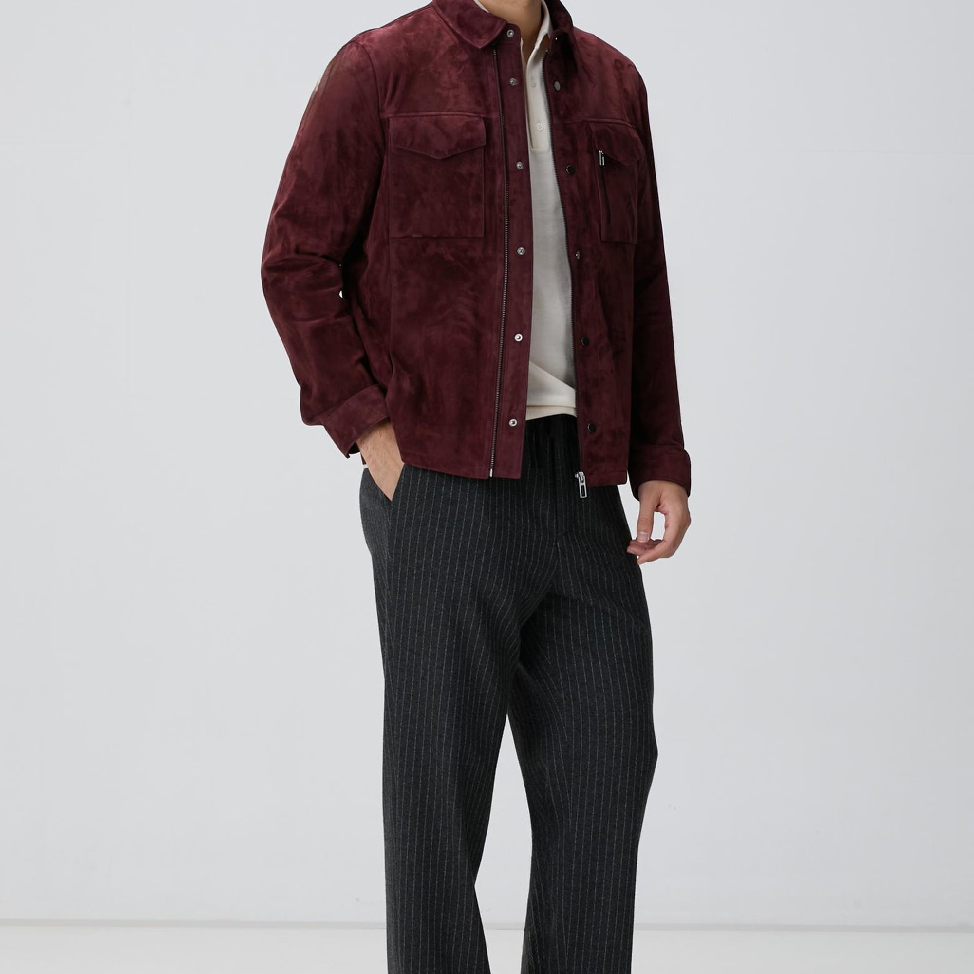 Network Erkek Bordo Çift Cep Detaylı Süet Mont