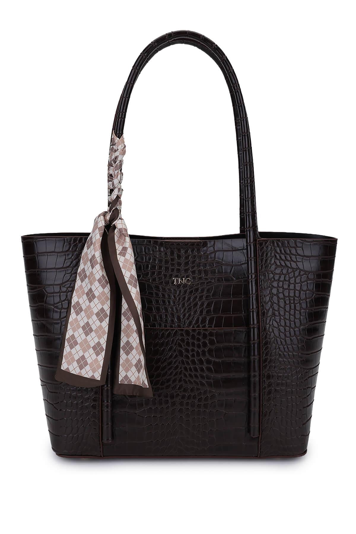  Tamer Tanca Kadın Suni Deri Kahverengi Kroko Omuz Çanta