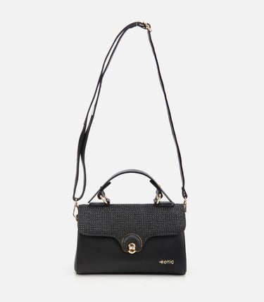  Kadın Siyah Hasır Detaylı Omuz Çantası