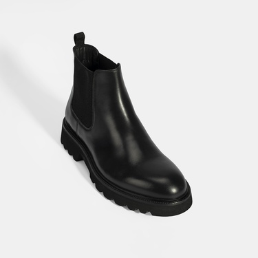  Erkek Siyah Lastik Detaylı Deri Bot