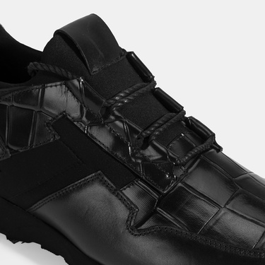  Erkek Siyah Kroko Baskılı Bağcıklı Deri Spor Ayakkabı