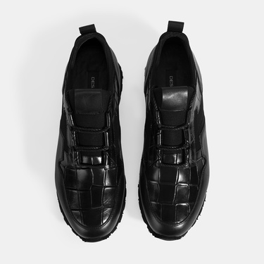  Erkek Siyah Kroko Baskılı Bağcıklı Deri Spor Ayakkabı