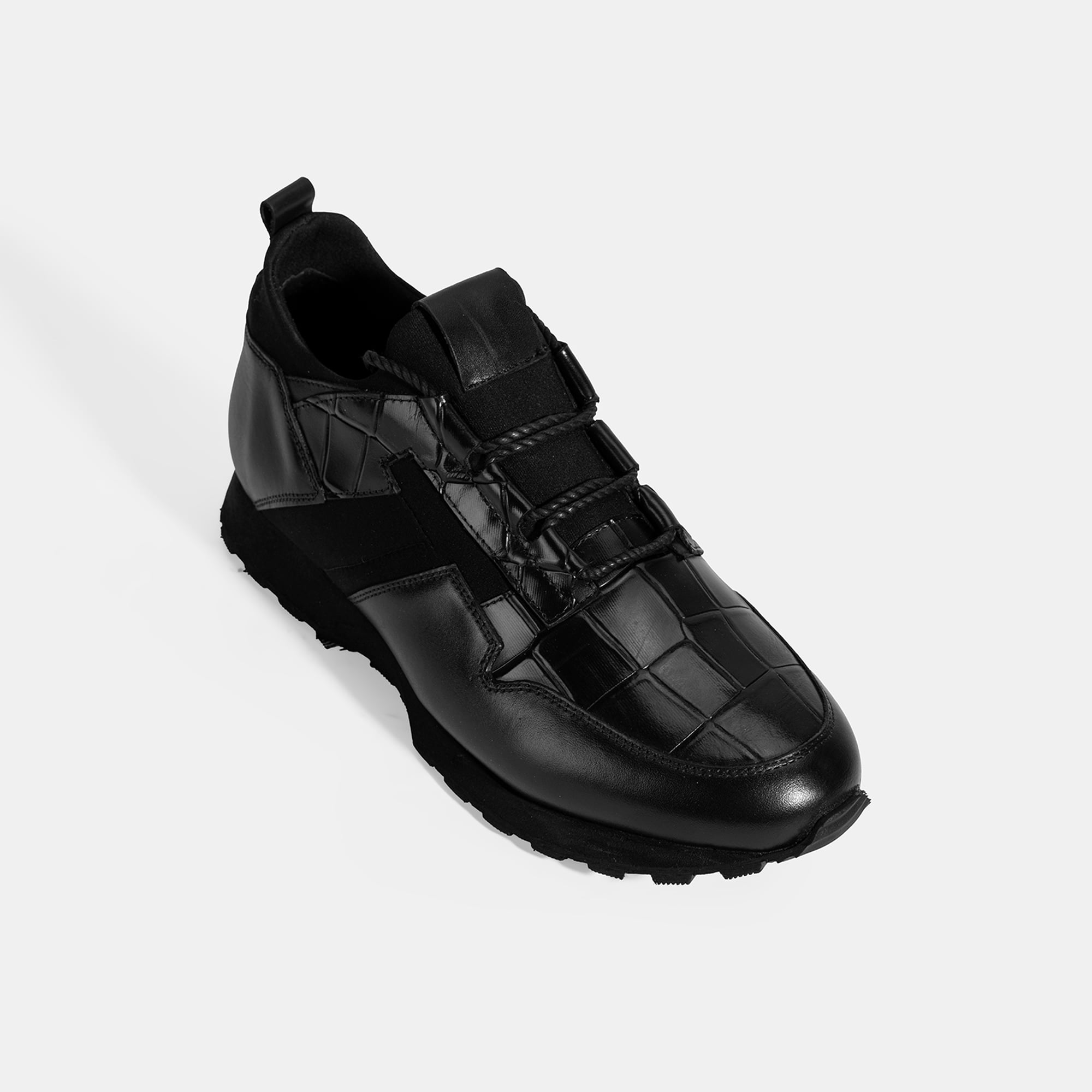 Erkek Siyah Kroko Baskılı Bağcıklı Deri Spor Ayakkabı