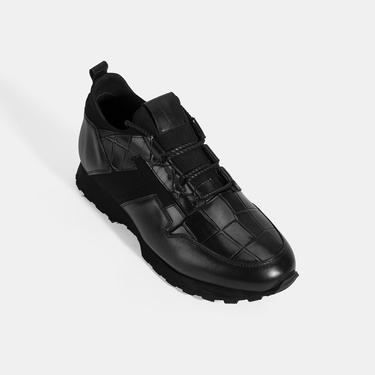  Erkek Siyah Kroko Baskılı Bağcıklı Deri Spor Ayakkabı