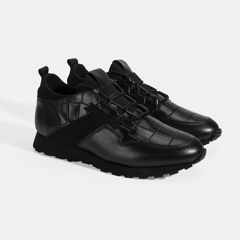  Erkek Siyah Kroko Baskılı Bağcıklı Deri Spor Ayakkabı