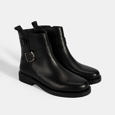  Kadın Siyah Metal Toka Detaylı Deri Bot