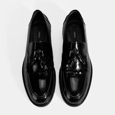  Erkek Siyah Püskül Detaylı Deri Loafer