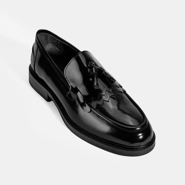  Erkek Siyah Püskül Detaylı Deri Loafer