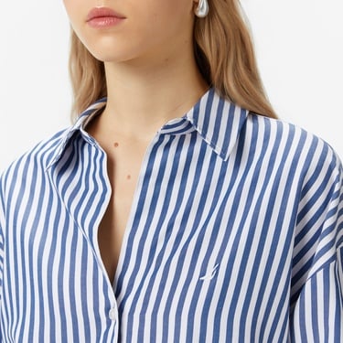  Nautica Kadın Mavi Oversize Çizgili Gömlek