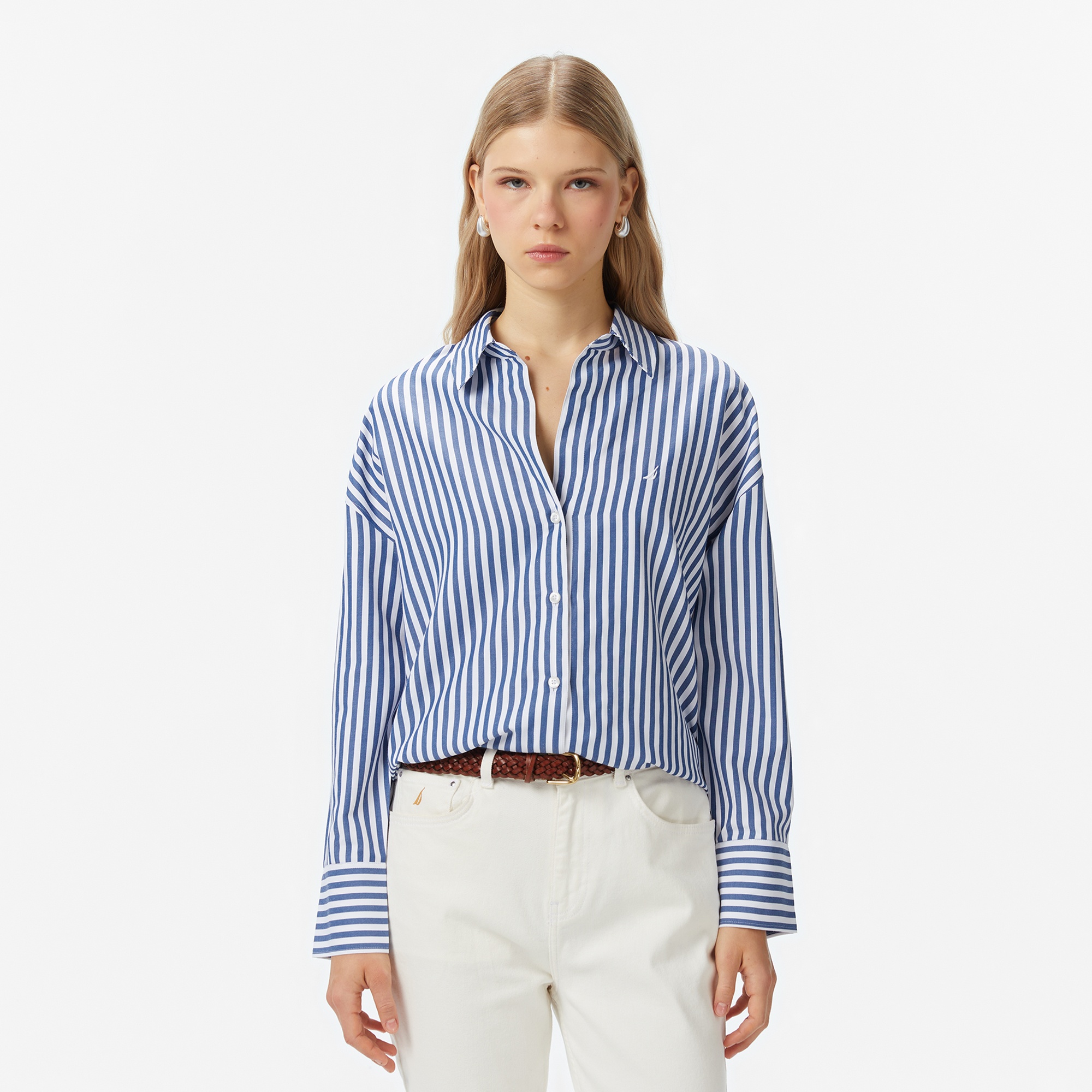 Nautica Kadın Mavi Oversize Çizgili Gömlek