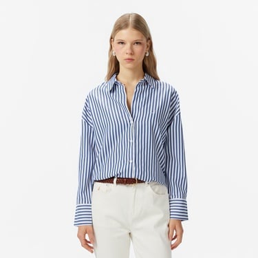  Nautica Kadın Mavi Oversize Çizgili Gömlek