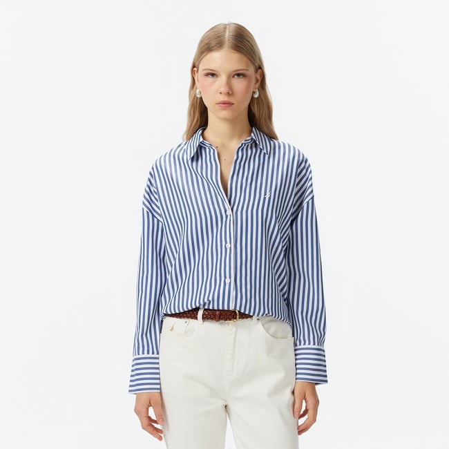  Nautica Kadın Mavi Oversize Çizgili Gömlek