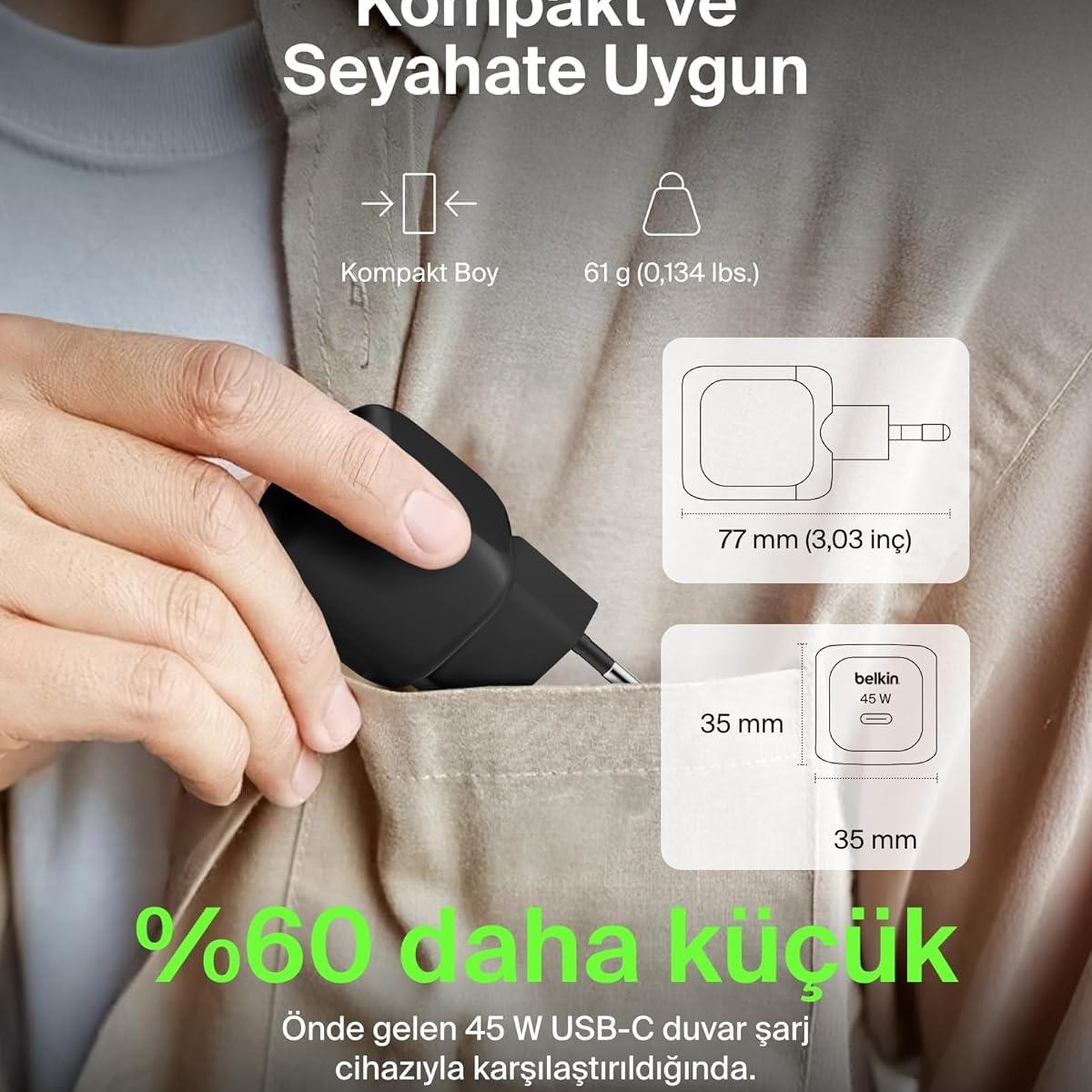 Belkin Kompakt 45 W USB-C Güç İletimli Hızlı Şarj Aleti, Siyah