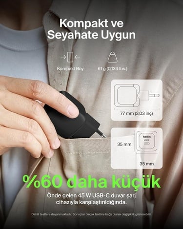  Belkin Kompakt 45 W USB-C Güç İletimli Hızlı Şarj Aleti, Siyah