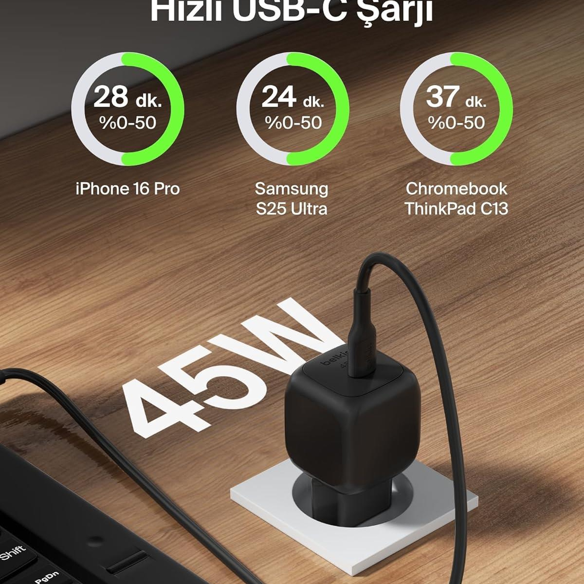 Belkin Kompakt 45 W USB-C Güç İletimli Hızlı Şarj Aleti, Siyah