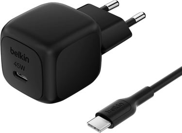  Belkin Kompakt Duvar Şarj Cihazı 45 W + USB-C - USB-C Kablosu, Siyah