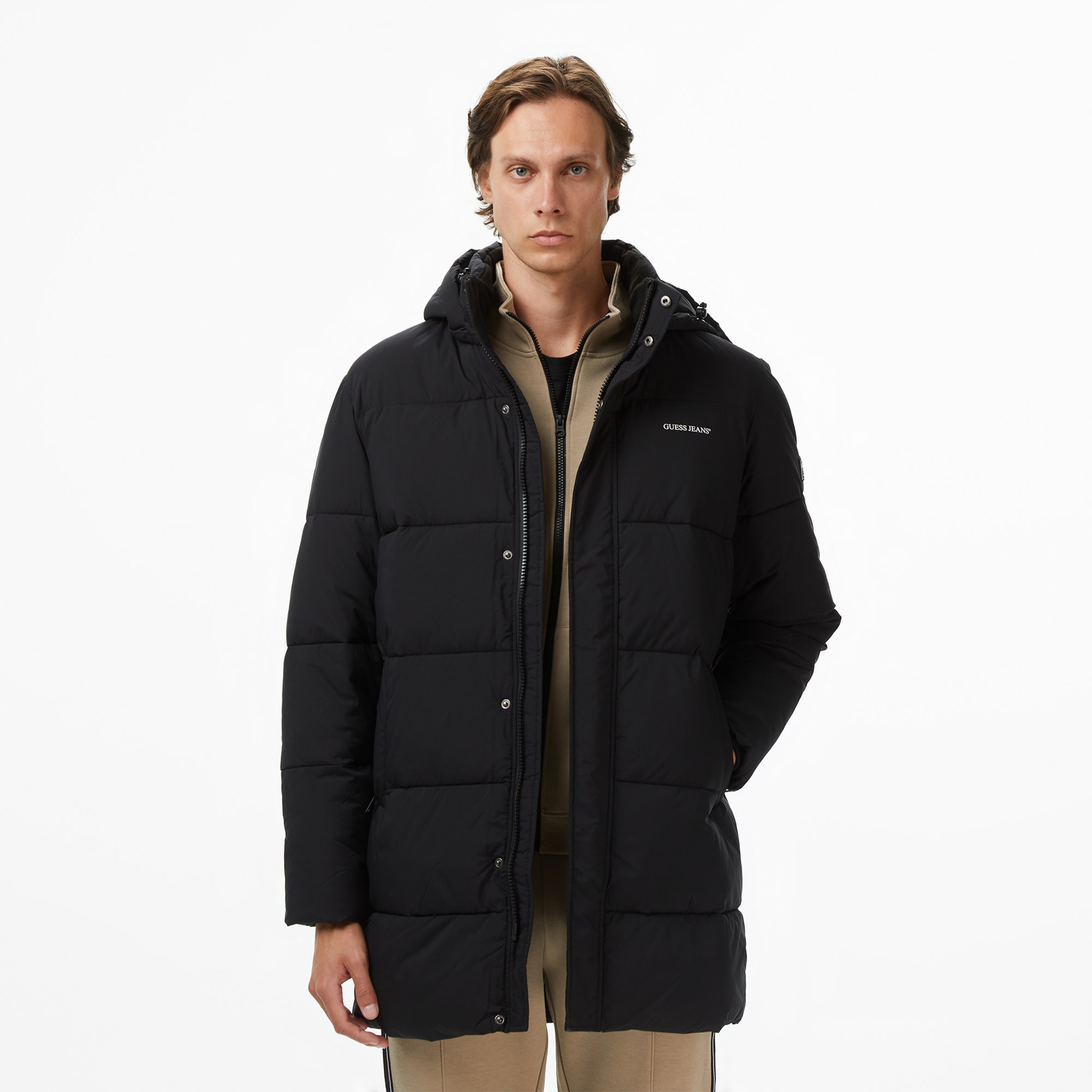  Guess Mid-Length Puffer Erkek Siyah Mont