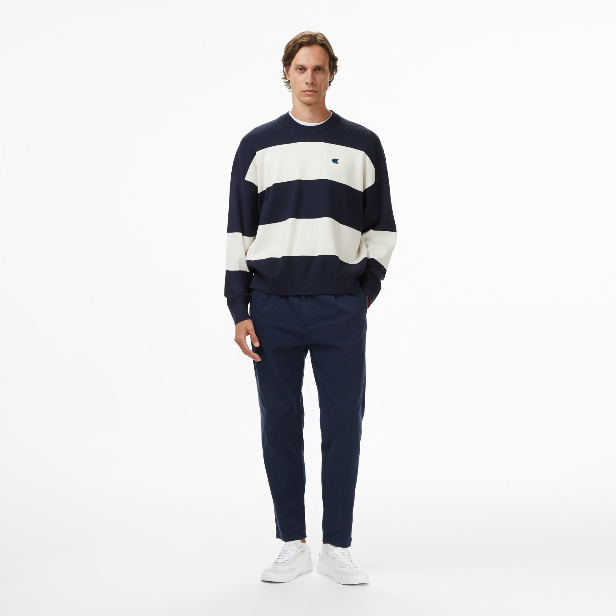 Calvin Klein Striped Snowy Relaxed Crew Erkek Mavi Triko