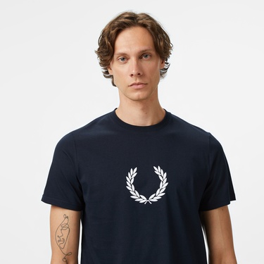  Fred Perry Flocked Laurel Wreath Gra Erkek Lacivert T-Shirt