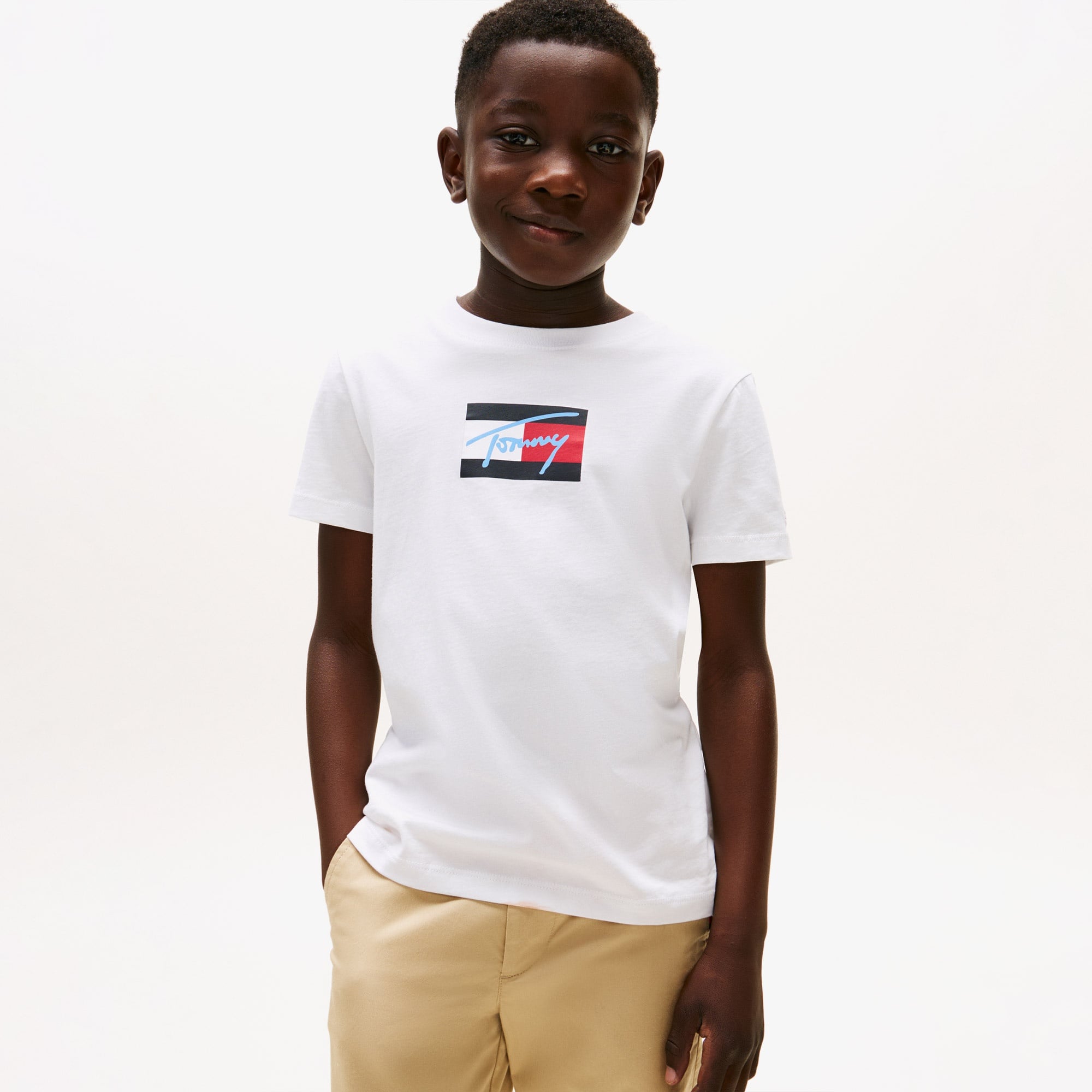 Tommy Hilfiger Script Flag Print Çocuk Beyaz T-Shirt