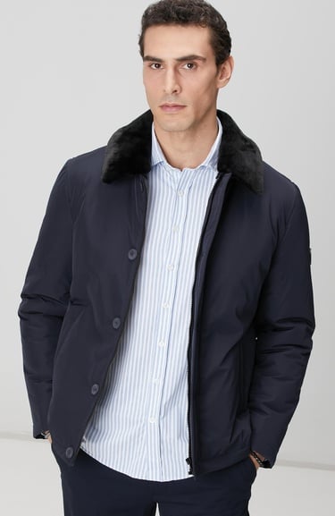  Network Erkek Lacivert Yakası Kürk Detaylı Mont