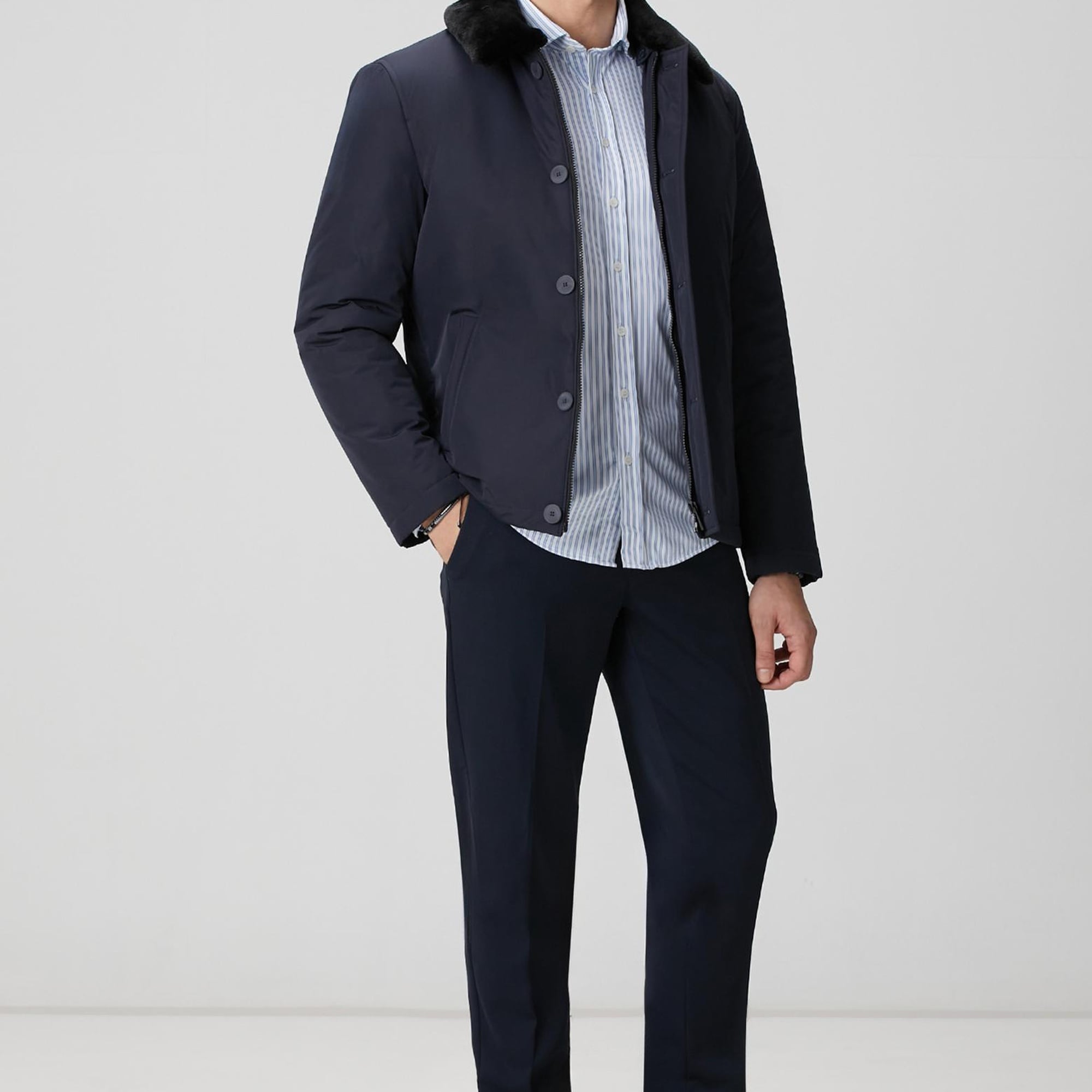 Network Erkek Lacivert Yakası Kürk Detaylı Mont