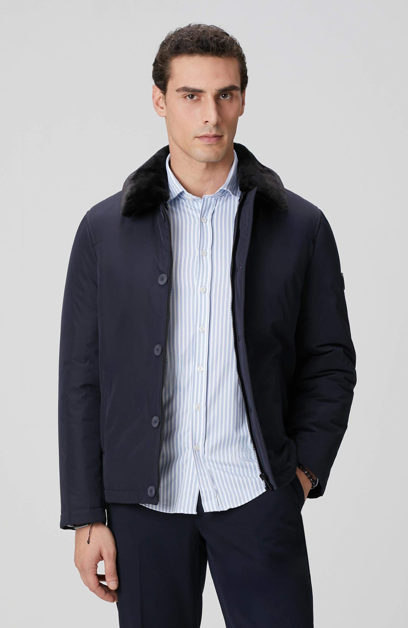  Network Erkek Lacivert Yakası Kürk Detaylı Mont