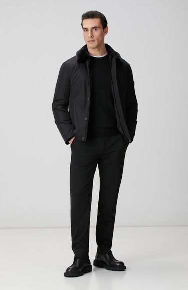  Network Erkek Siyah Kürk Detaylı Mont