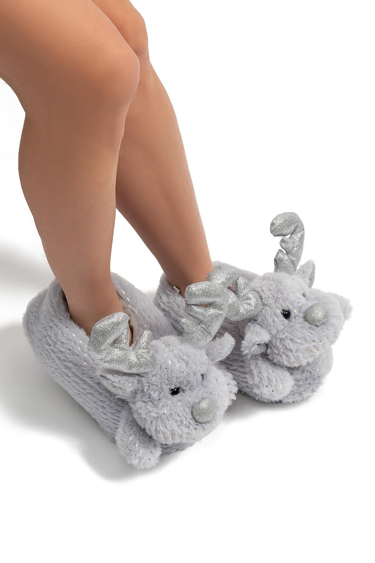  Geyik Star Kadın, Garson Boy Hayvanlı Panduf Gri 36/41