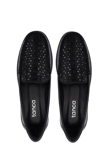  Tamer Tanca Kadın Hakiki Deri Siyah/Siyah Taş Loafer Ayakkabı