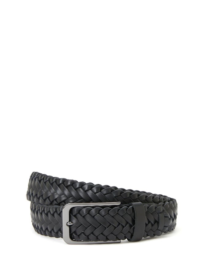  Beymen Club Erkek Siyah Örgü Dokulu Deri Kemer