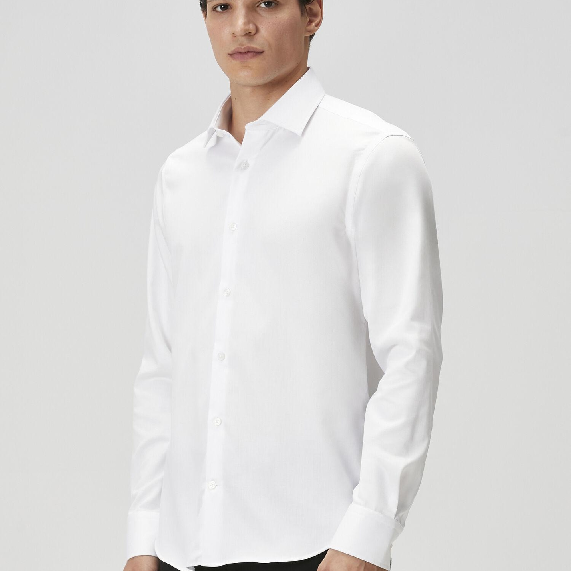 Beymen Club Erkek Slim Fit Beyaz Armürlü Non-iron Gömlek