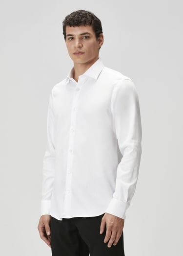  Beymen Club Erkek Slim Fit Beyaz Armürlü Non-iron Gömlek