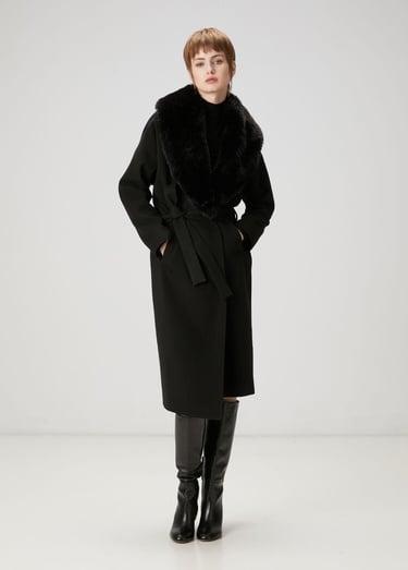  Beymen Club Kadın Siyah Kürk Yaka Kruvaze Palto