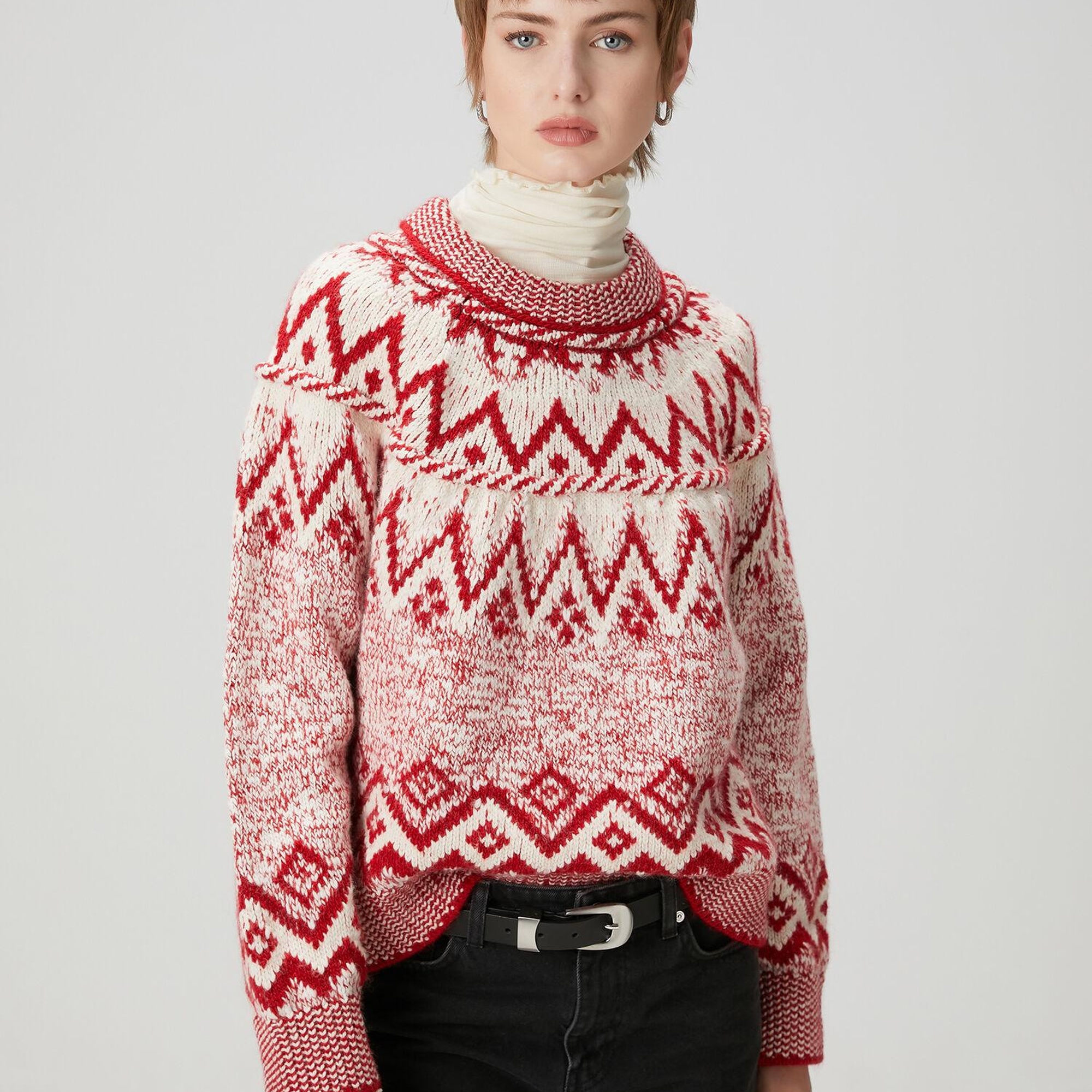 Beymen Club Kadın Kırmızı Ekru Jakarlı Kazak