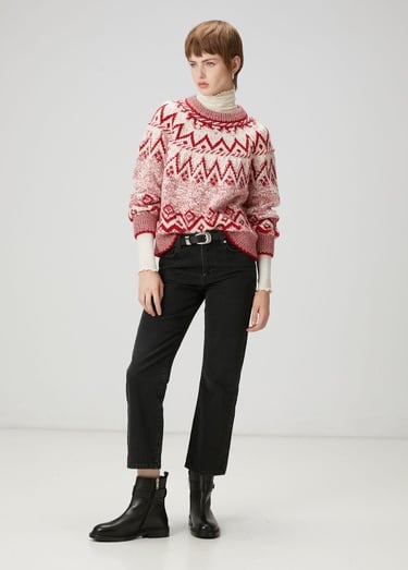  Beymen Club Kadın Kırmızı Ekru Jakarlı Kazak