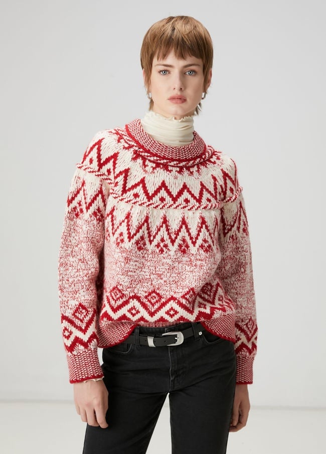  Beymen Club Kadın Kırmızı Ekru Jakarlı Kazak