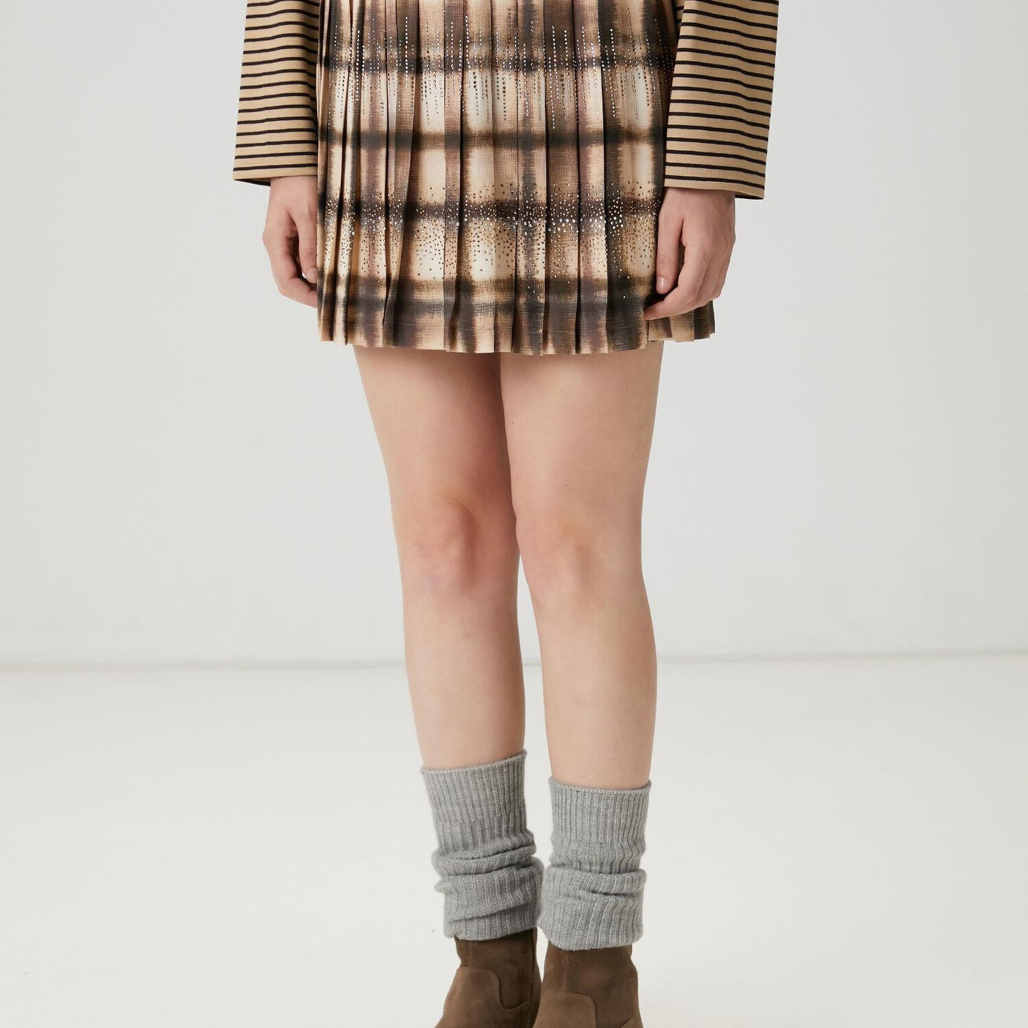 Beymen Club Kadın Koyu Bej Desenli Pileli Mini Etek