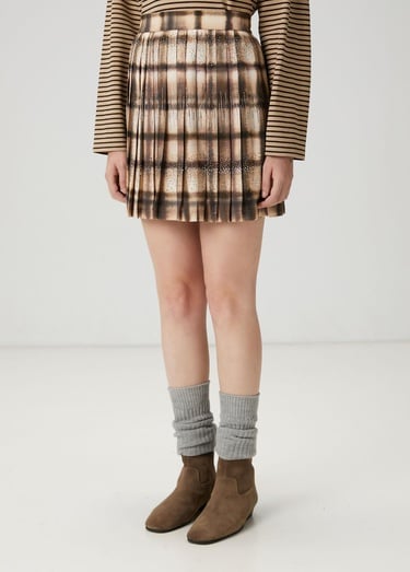  Beymen Club Kadın Koyu Bej Desenli Pileli Mini Etek
