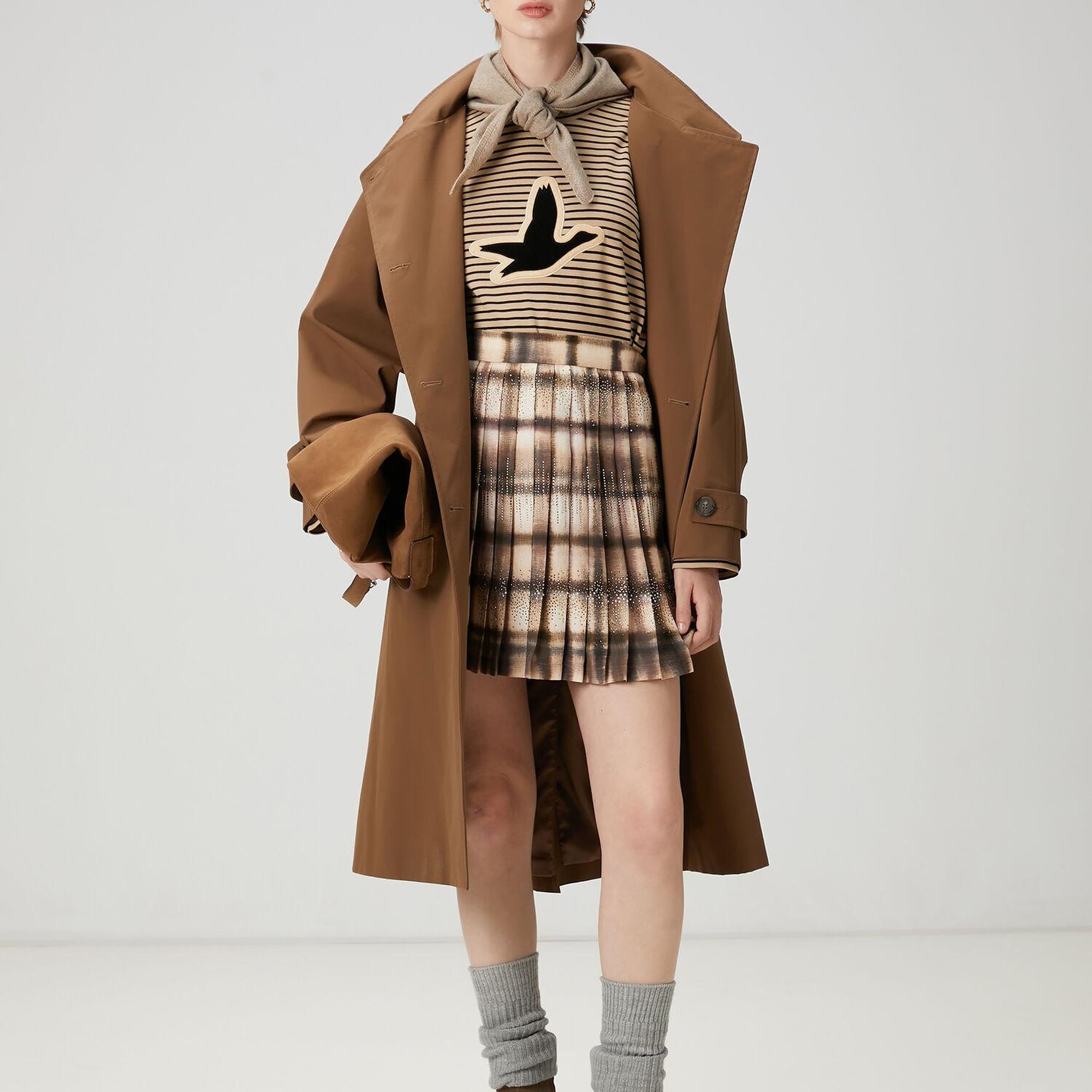 Beymen Club Kadın Koyu Bej Desenli Pileli Mini Etek