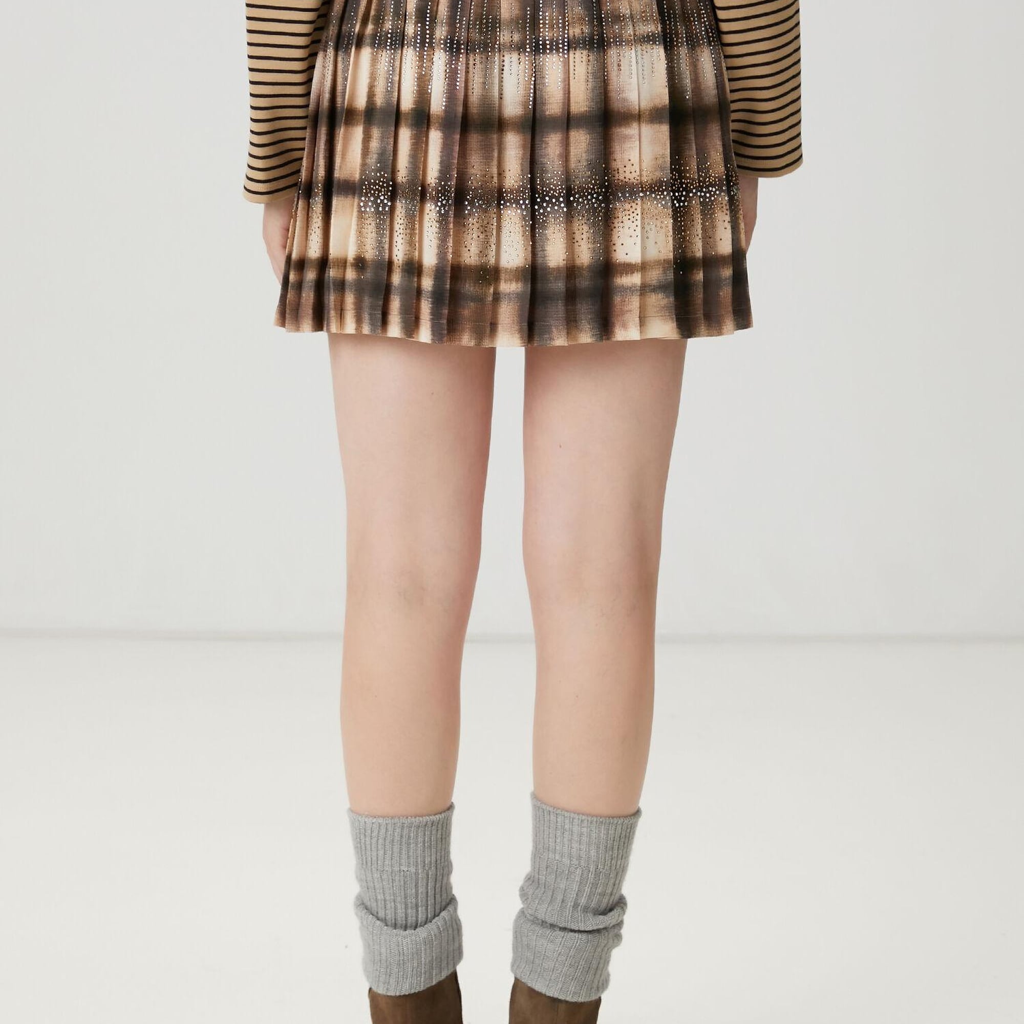 Beymen Club Kadın Koyu Bej Desenli Pileli Mini Etek