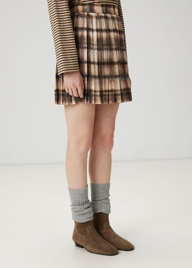  Beymen Club Kadın Koyu Bej Desenli Pileli Mini Etek